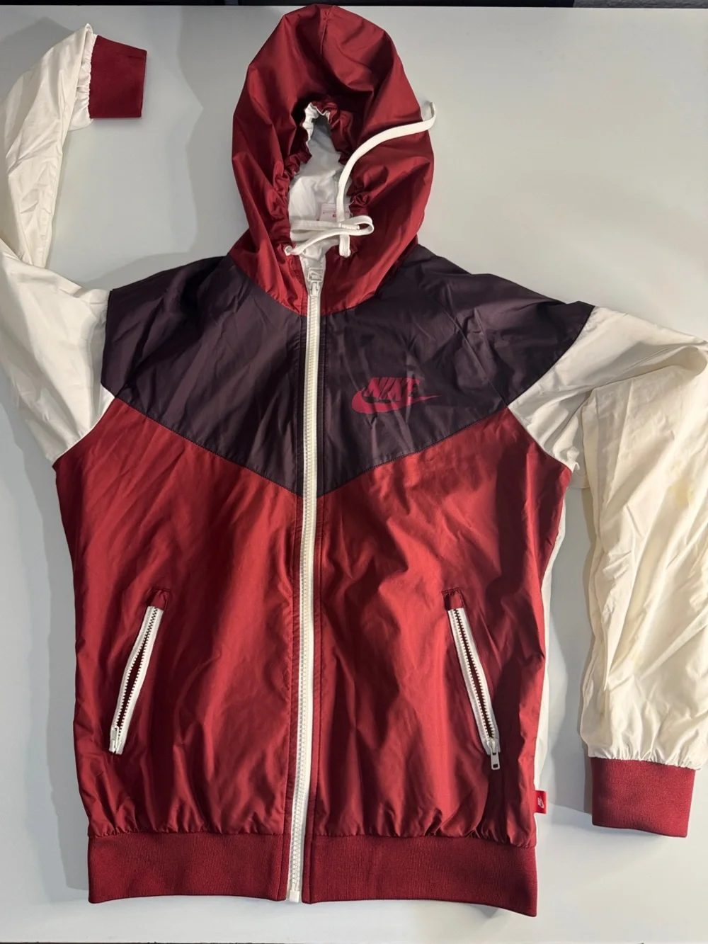 Nike Burgundy, Maroon & White Colorblock Hooded Windbreaker